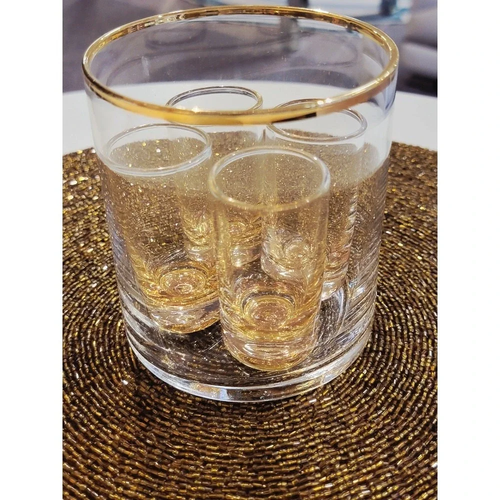 Vintage MCM Shot Glass Set w/ Holder Barware Gold Tone‎ Rim Retro